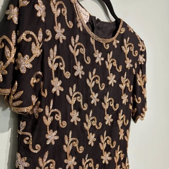 Vintage Beaded Silk Top Gold Black Short Sleeves M - Picture 2 of 6
